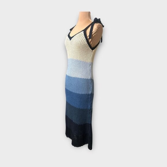 NWT Zara Knit Crochet Midi Dress M Color Block Cream Blue Bow NEW V Neck Bow - Picture 3 of 10